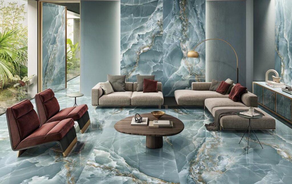 Ambiente realizzato con tele di marmo Onyx emerald di Emilceramica