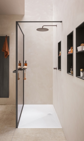 Arredamento bagno completo con Horizon System di Arblu che integra soluzioni per mobili e docce