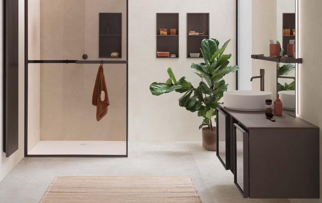 Arredamento bagno completo con Horizon System di Arblu che integra soluzioni per mobili e docce